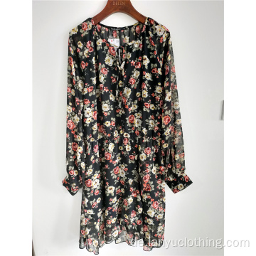 Damen Blumen Chiffon Langarm Kleid